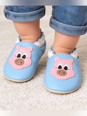 Roper Leather Baby Infant Crib Shoes Blue With Pink Pigs Size 6-12 Months